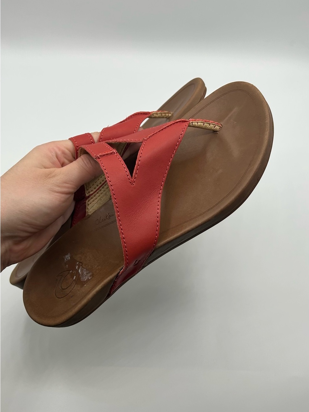 OluKai Red Leather Thong Sandals with Brown Footbed - Picture 4 of 8
